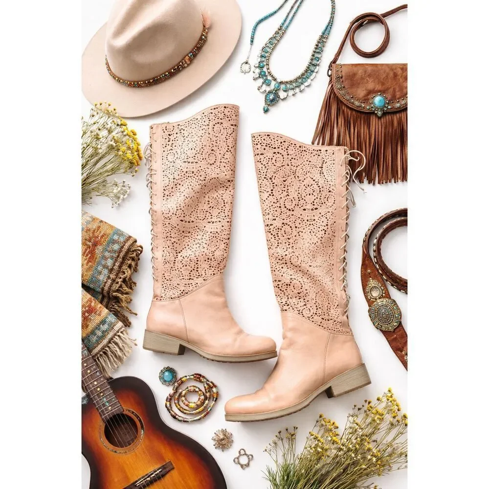 Sundance Lucera Lace Up Laser Cut Knee-High Boots in Nude/Blush Size 39 US 8.5-9